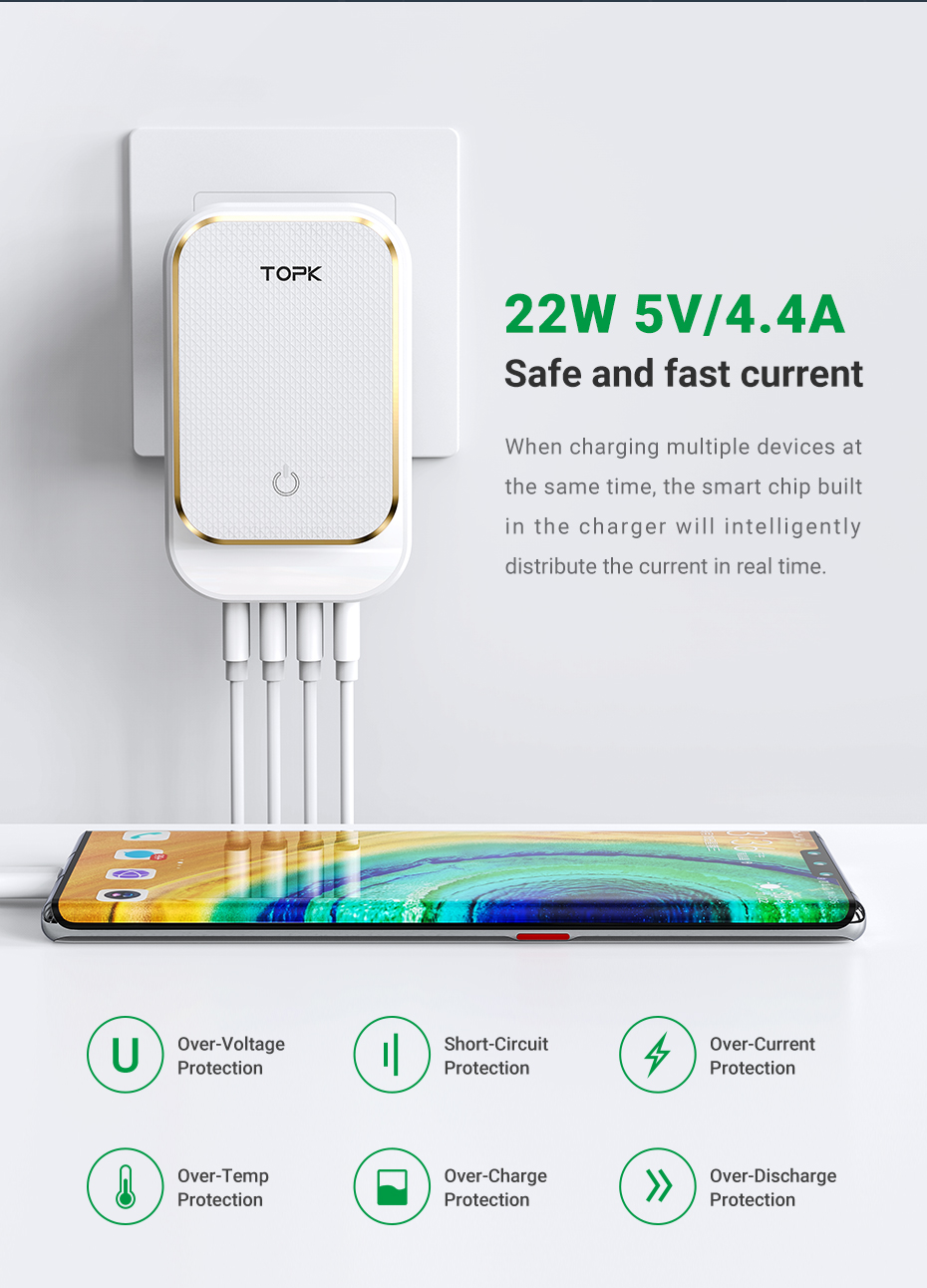 4-Port Travel USB Charger with LED