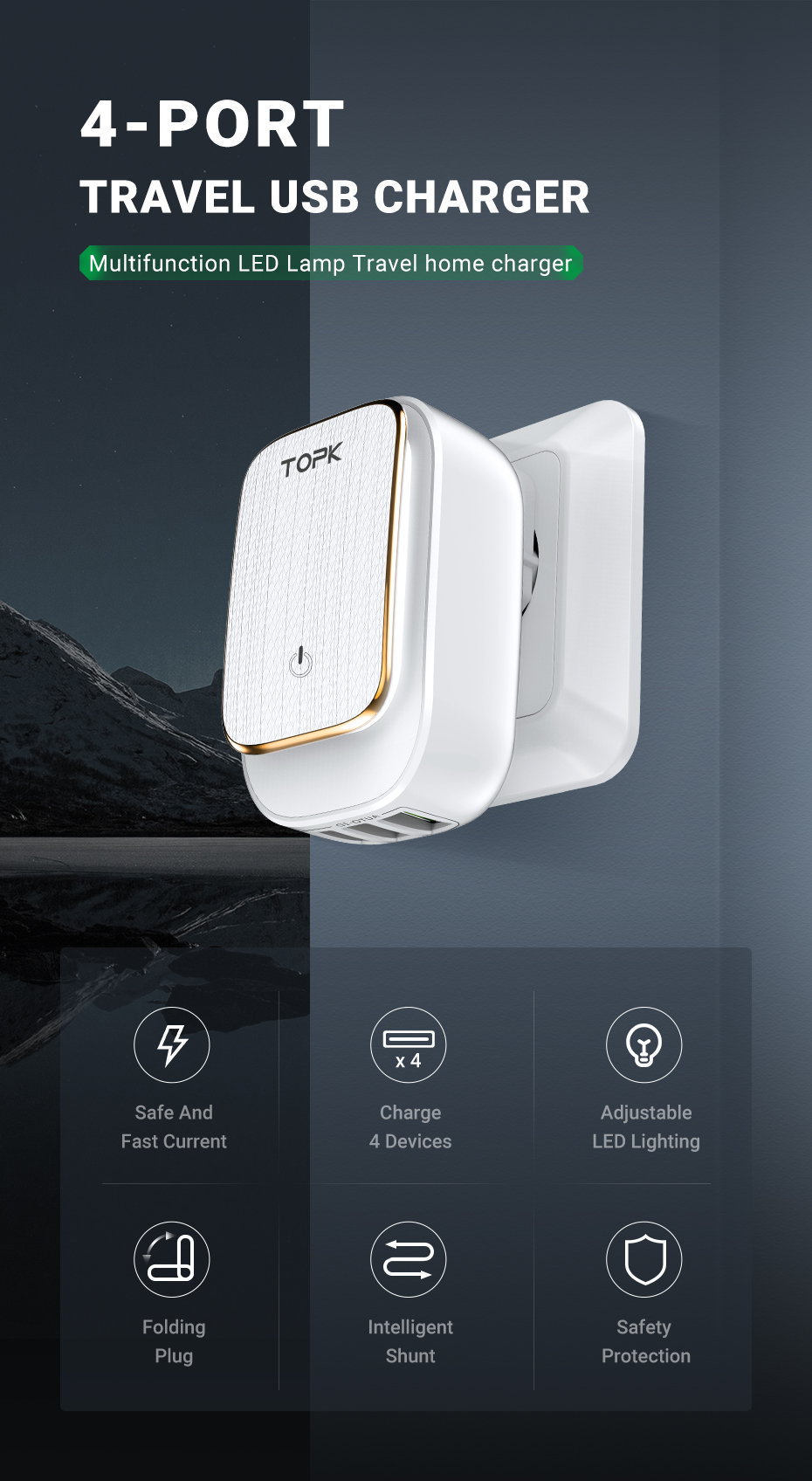 4-Port Travel USB Charger with LED